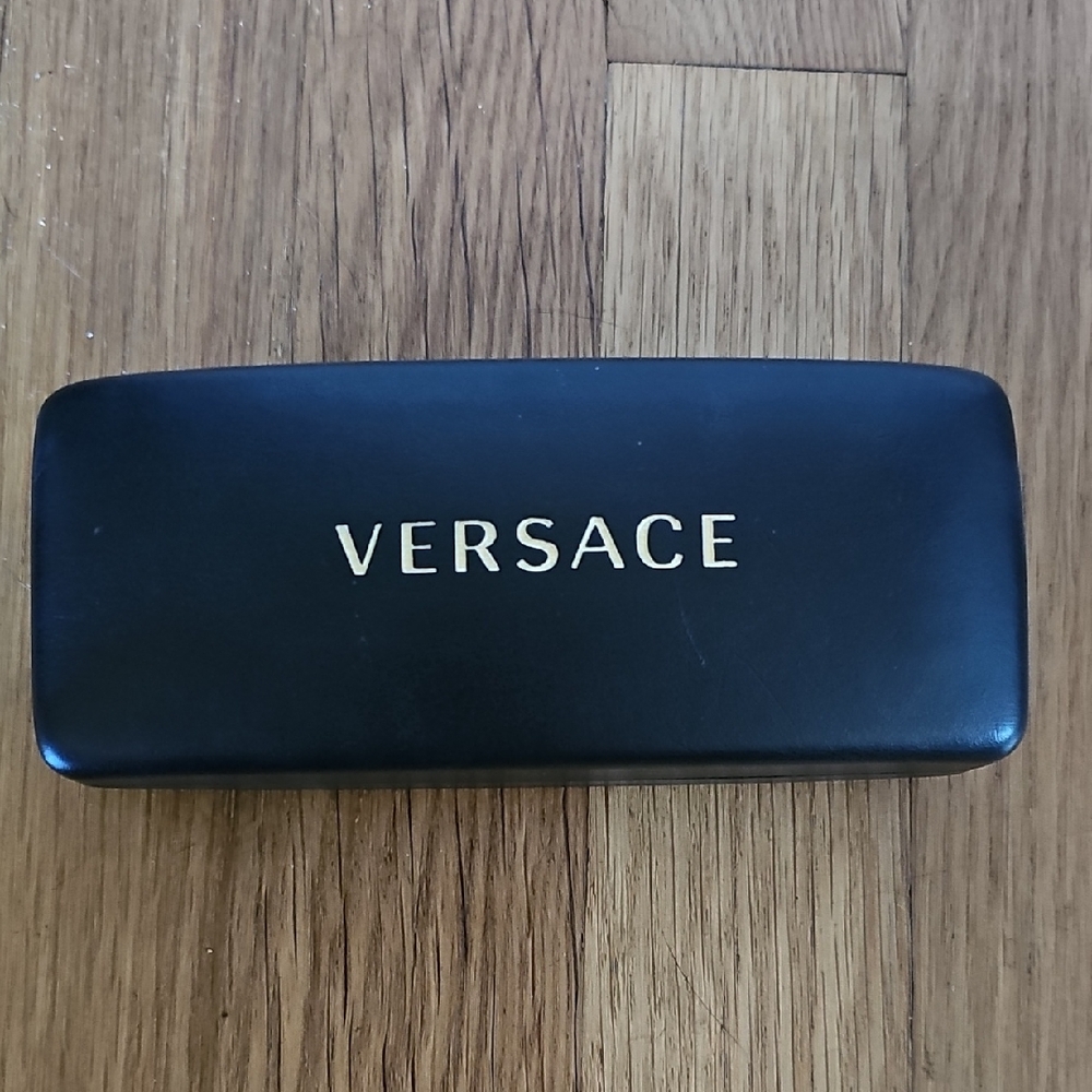 Versace Black Eyeglass Sunglasses Hard Clamshell Case Gold Tone Lettering